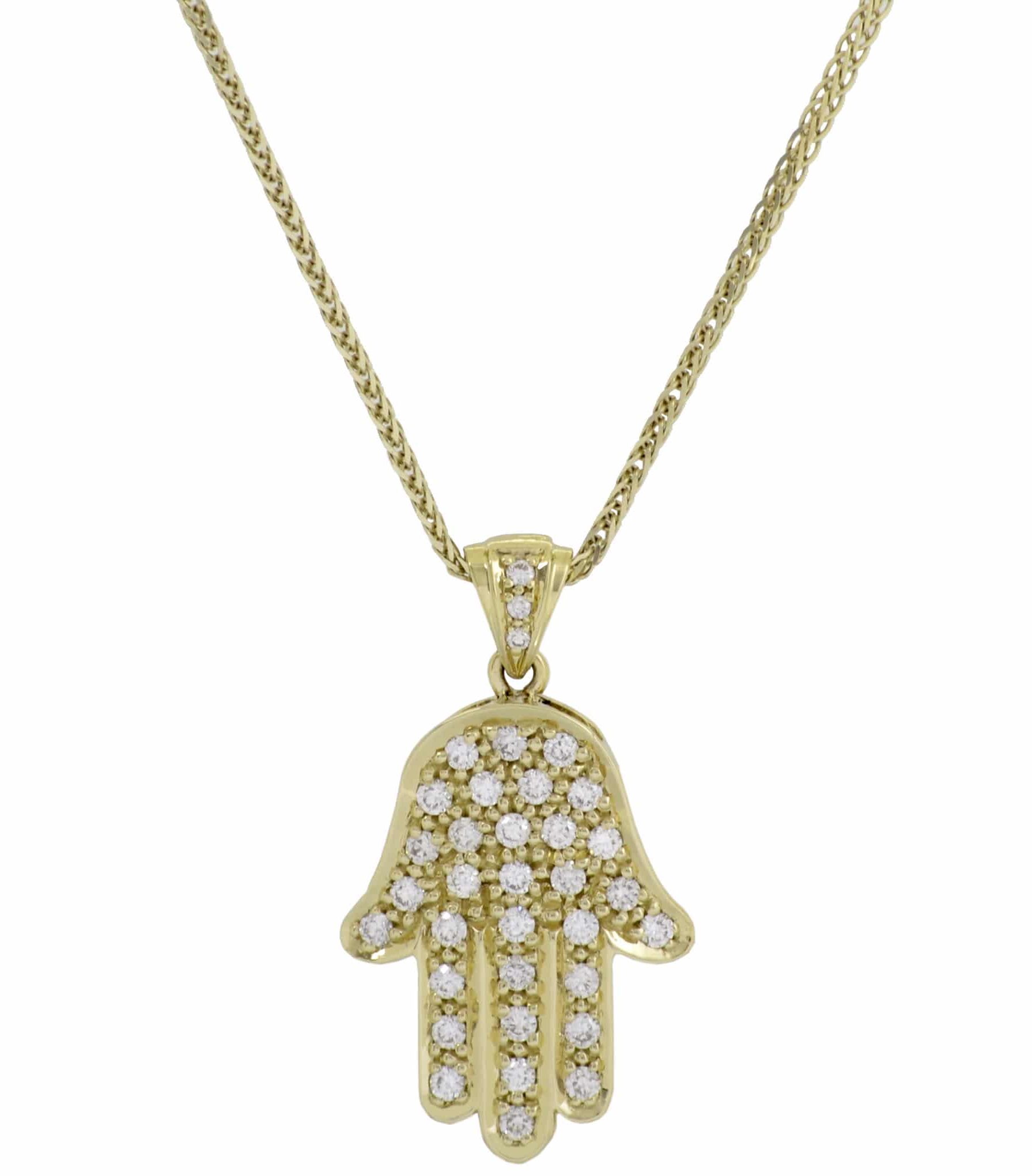 White Hamsa Necklace with Several Shiny Diamonds