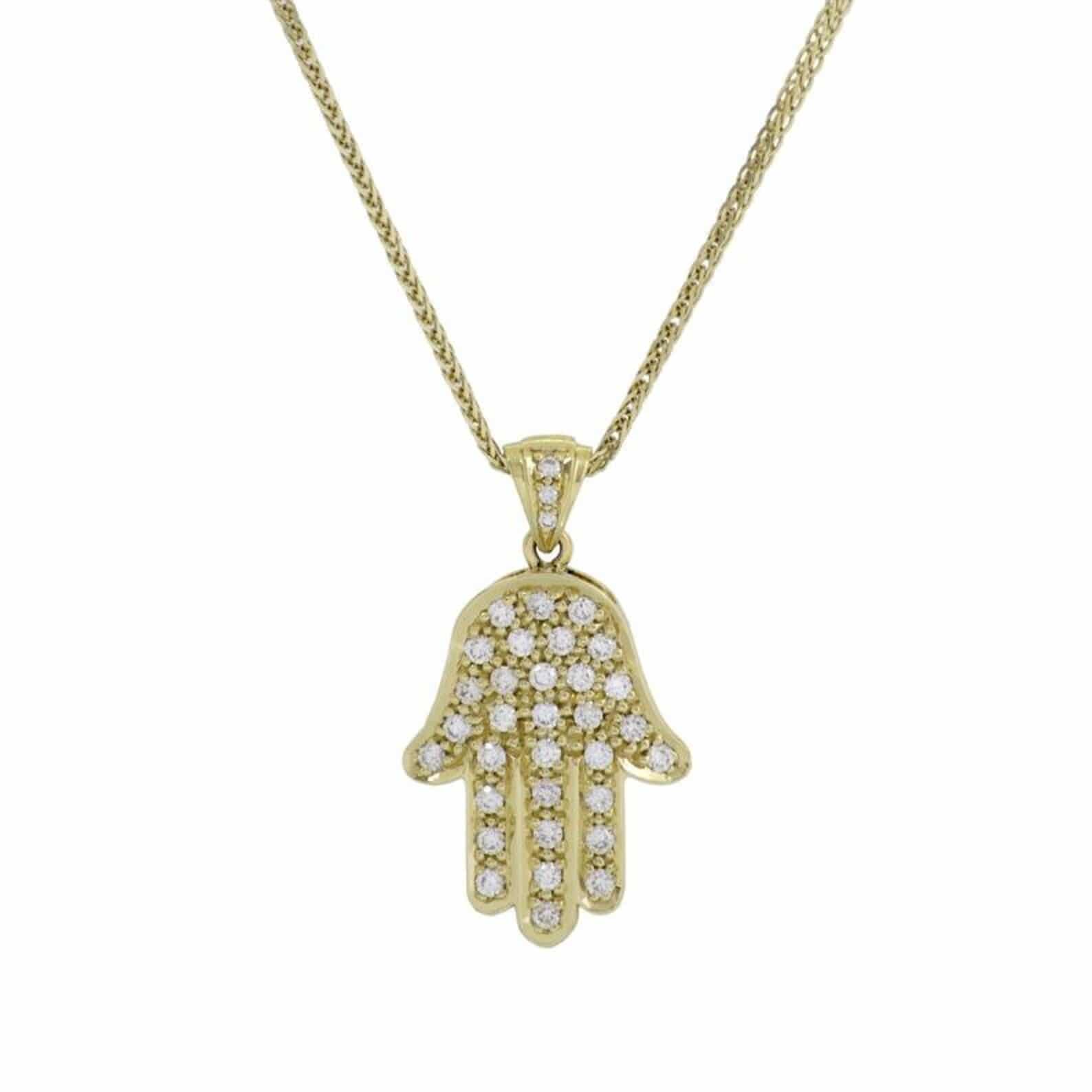 White Hamsa Necklace with Several Shiny Diamonds