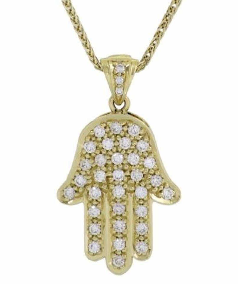 Yellow Gold Hamsa Pendant with Several Shiny Diamonds
