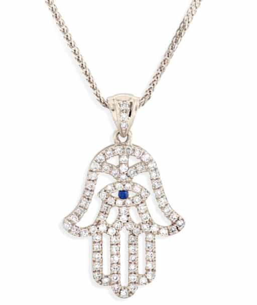 Yellow Gold Hamsa Necklace with Diamonds and Sapphire Stone