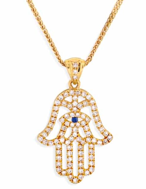 Yellow Gold Hamsa Necklace with Diamonds and Sapphire Stone