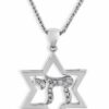 White Gold Star of David and Chai Necklace with Diamonds