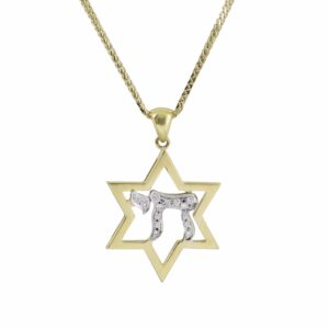 Small Diamond and Gold Star of David with Chai Pendant