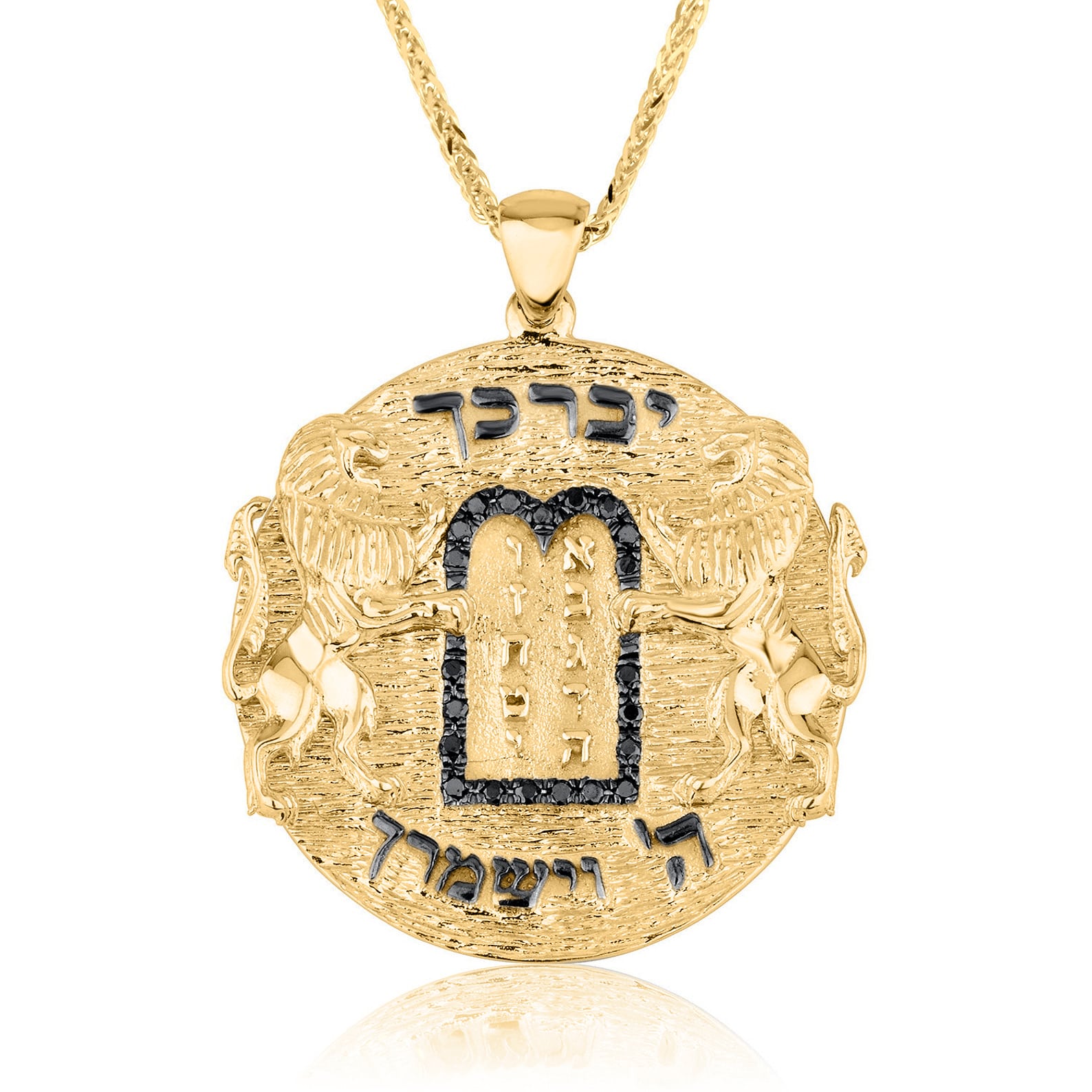 14K Gold Ten Commandments Necklace with Black Diamond
