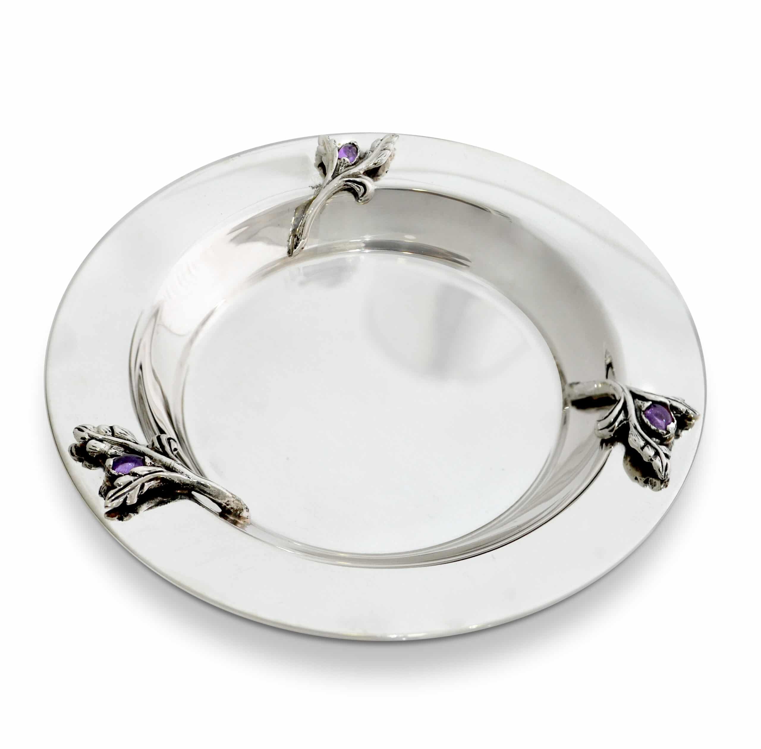 Silver Plate With Silver Leaves & Natural Amethyst Stones