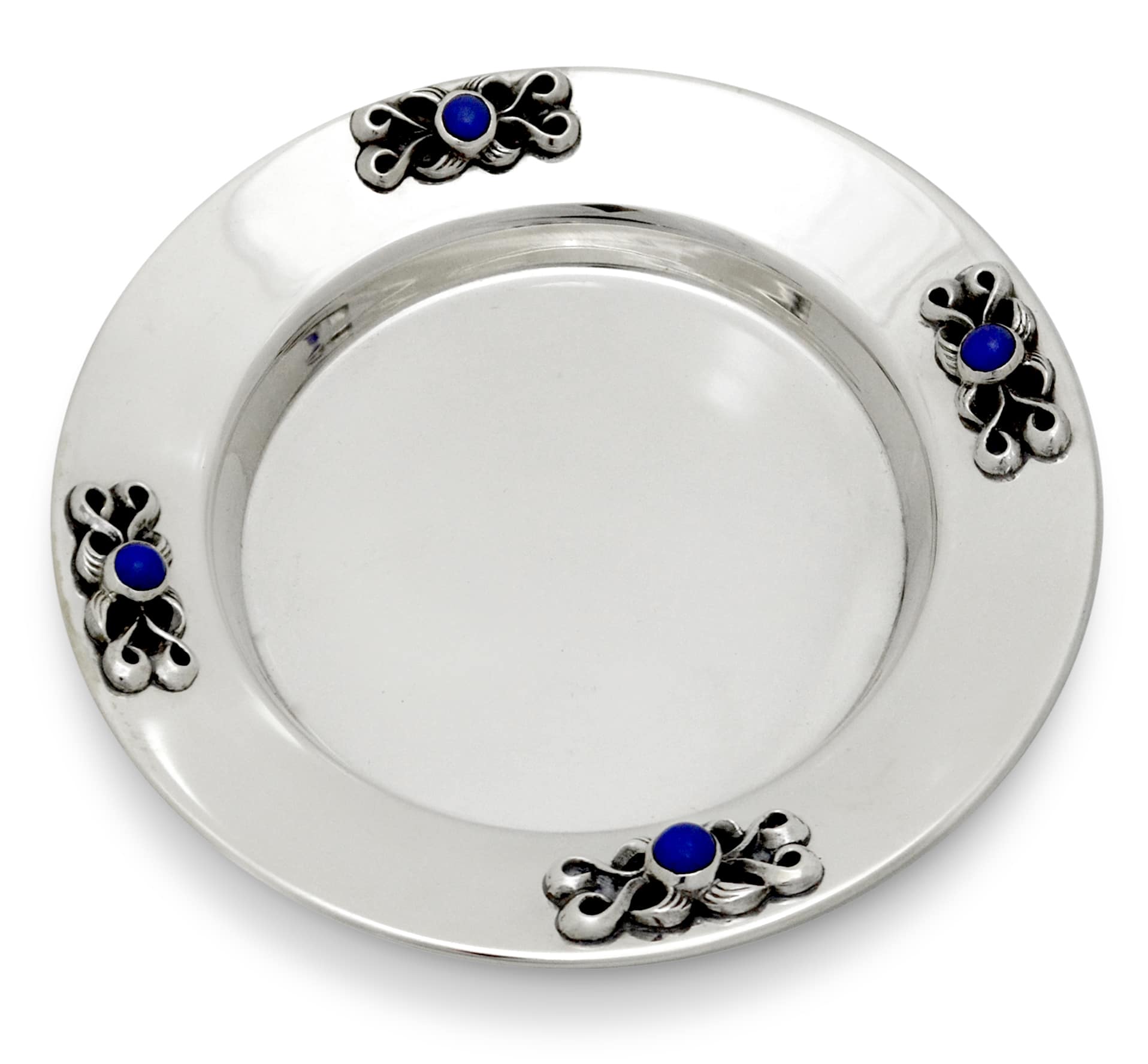 Floral Sterling Silver Plate with Natural Lapis Lazuli Stones