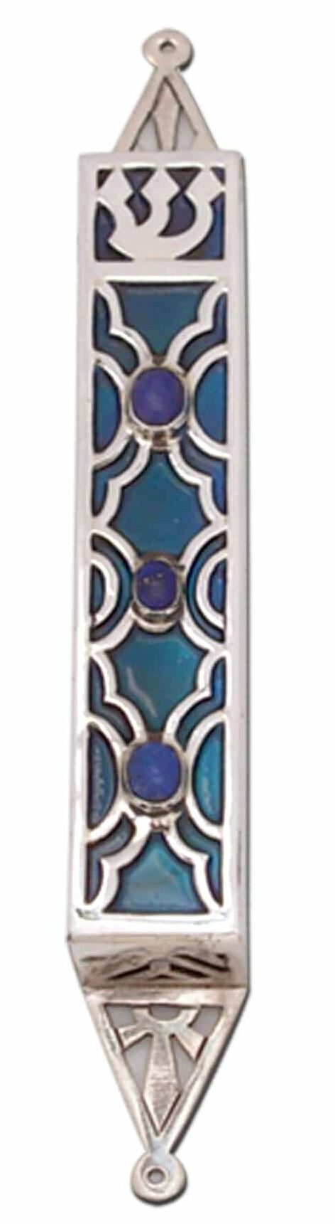Colorful Sterling Silver Mezuzah Case With Natural Amethyst Stones
