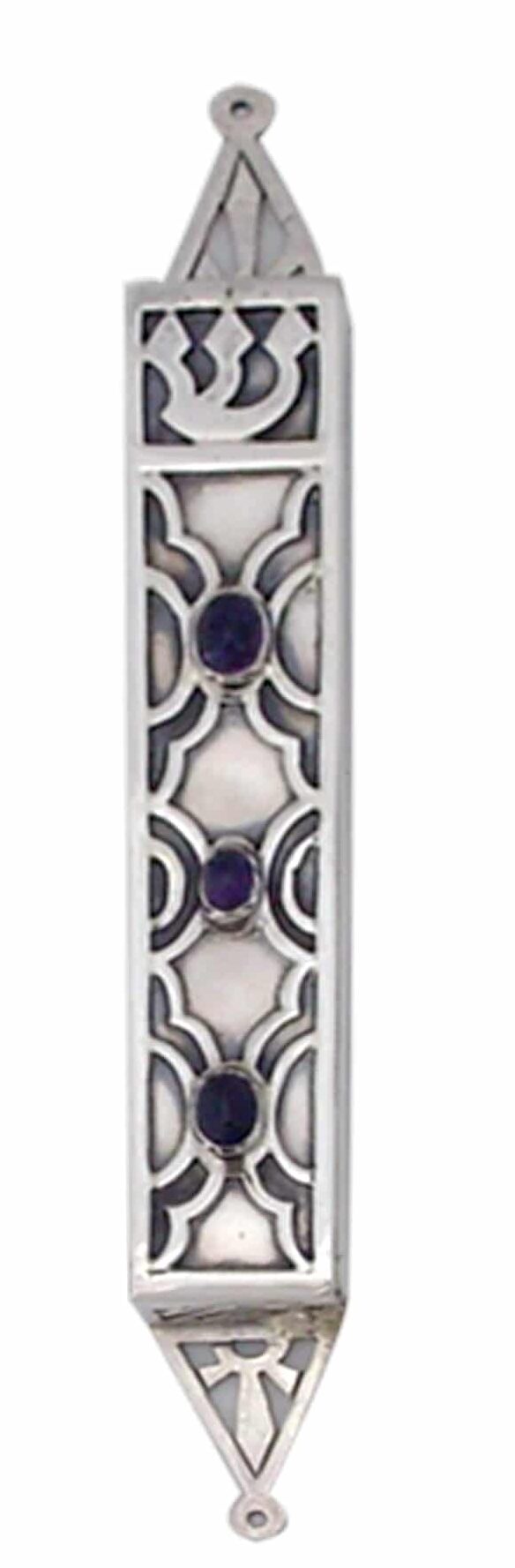 Rectangular Silver Mezuzah Case with Natural Amethyst Stones