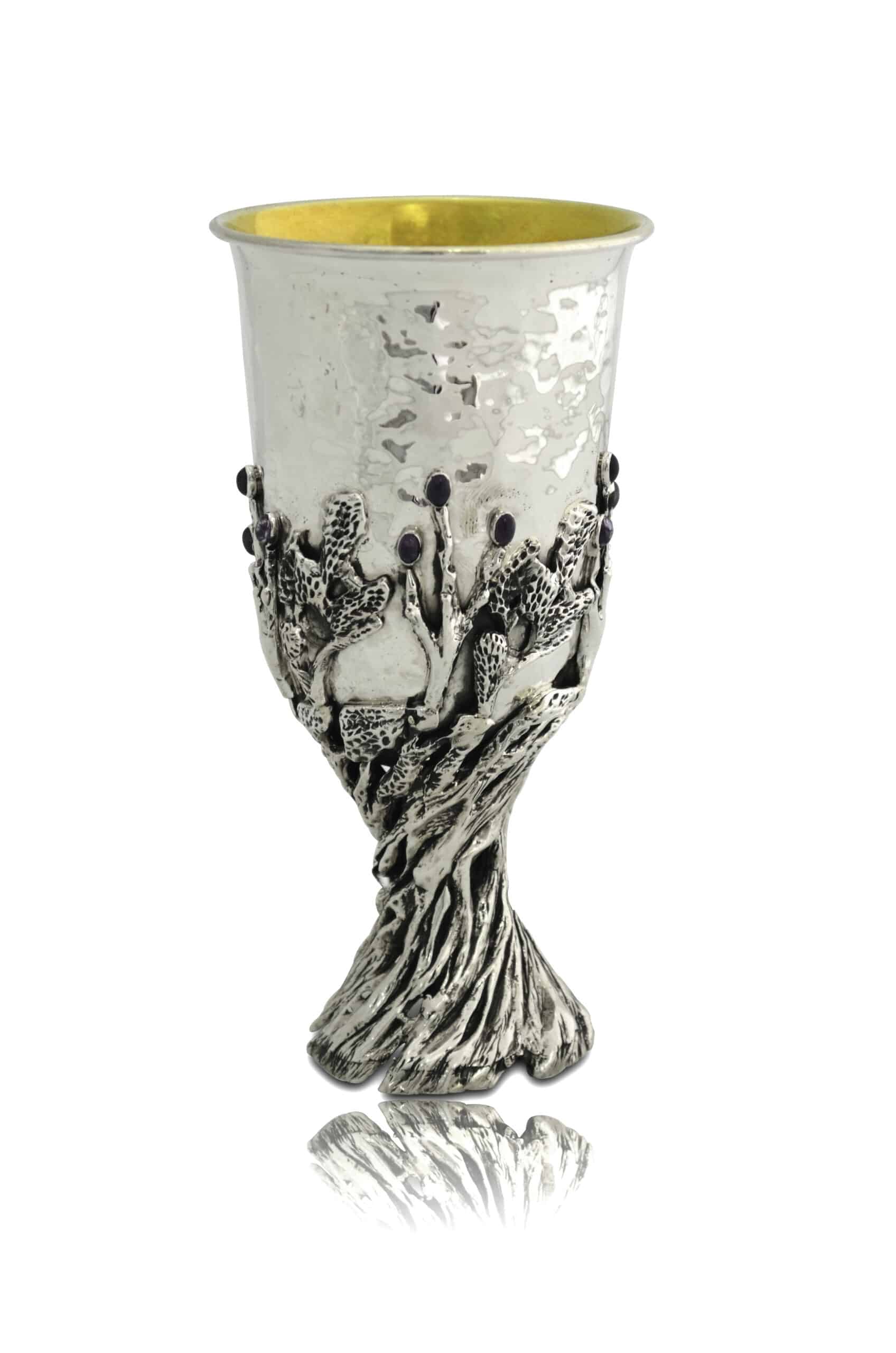 Floral Silver Elijah Cup with Amethyst Stones