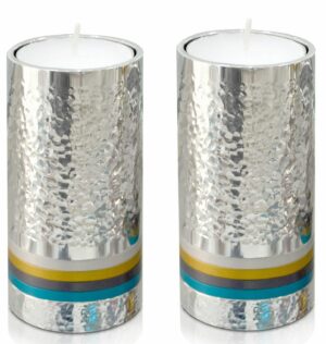 Round-Shaped Hammered Candlesticks with Multi-Colored Rings