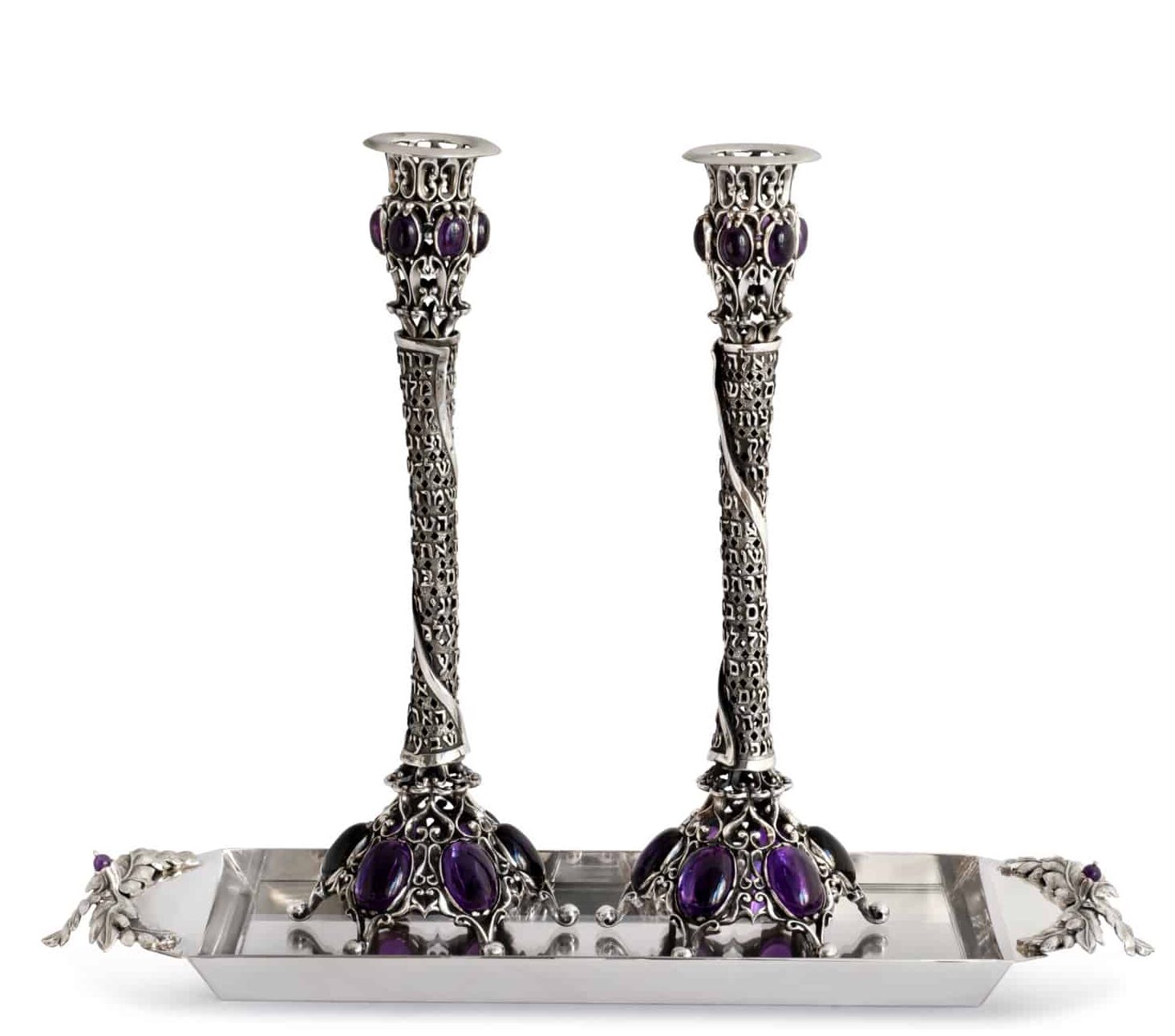 Silver Candlesticks Set with Blessing design and Amethyst Stones