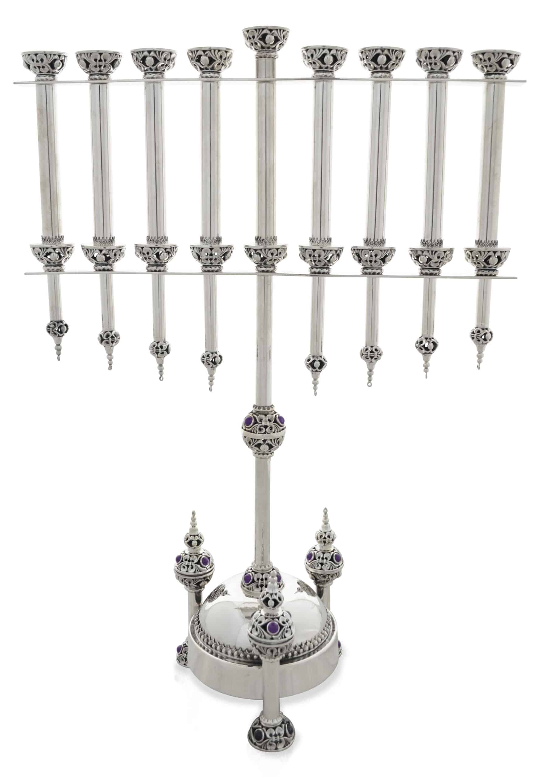 Luxurious Traditional Menorah with Dreidels and Amethyst