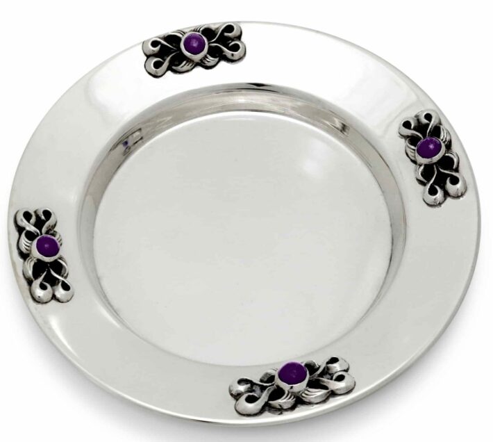 Sterling Silver Decorated Plate for Kiddush with Amethyst