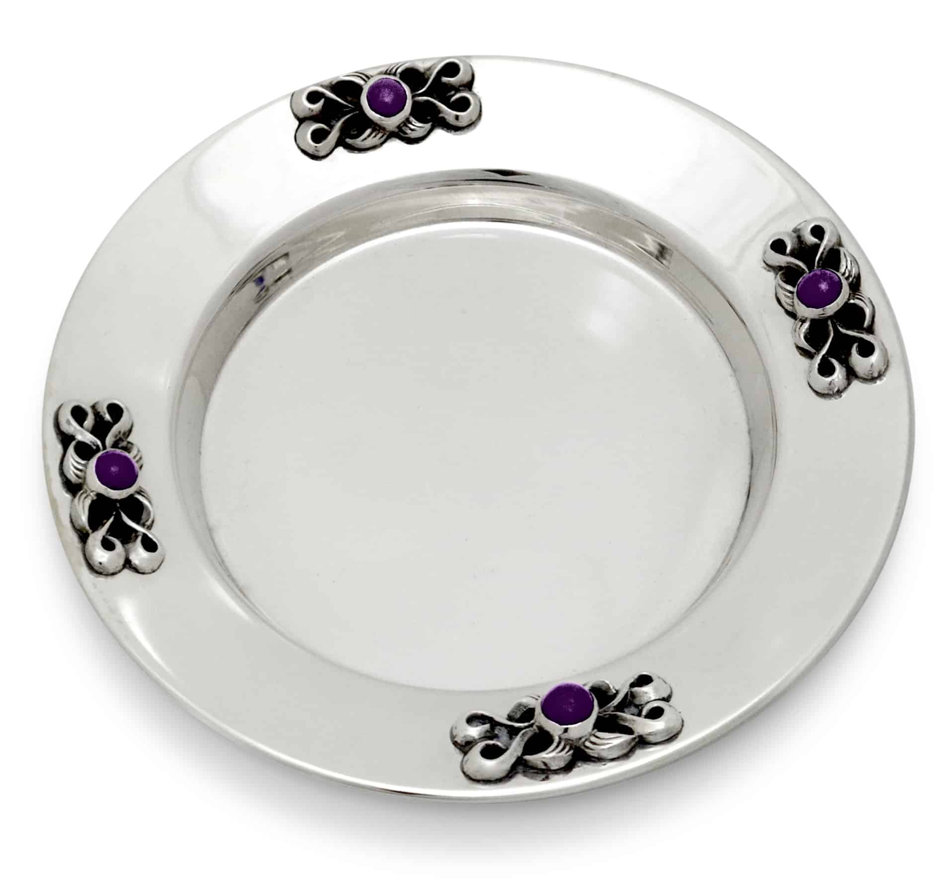 Sterling Silver Decorated Plate for Kiddush with Amethyst