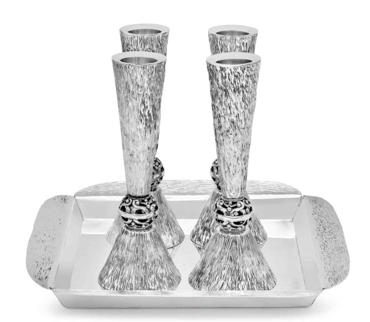 Sterling Silver Double Candlesticks Pair Set with Wavy Hammering