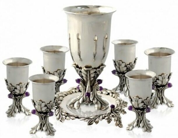 Leaves Decorated Kiddush and Liquor Cups Set with Amethyst