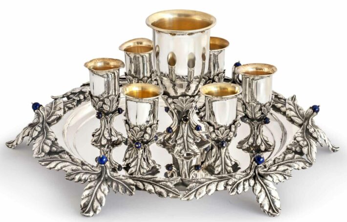 Leaf Design Sterling Silver Kiddush Set with Six Small Cups