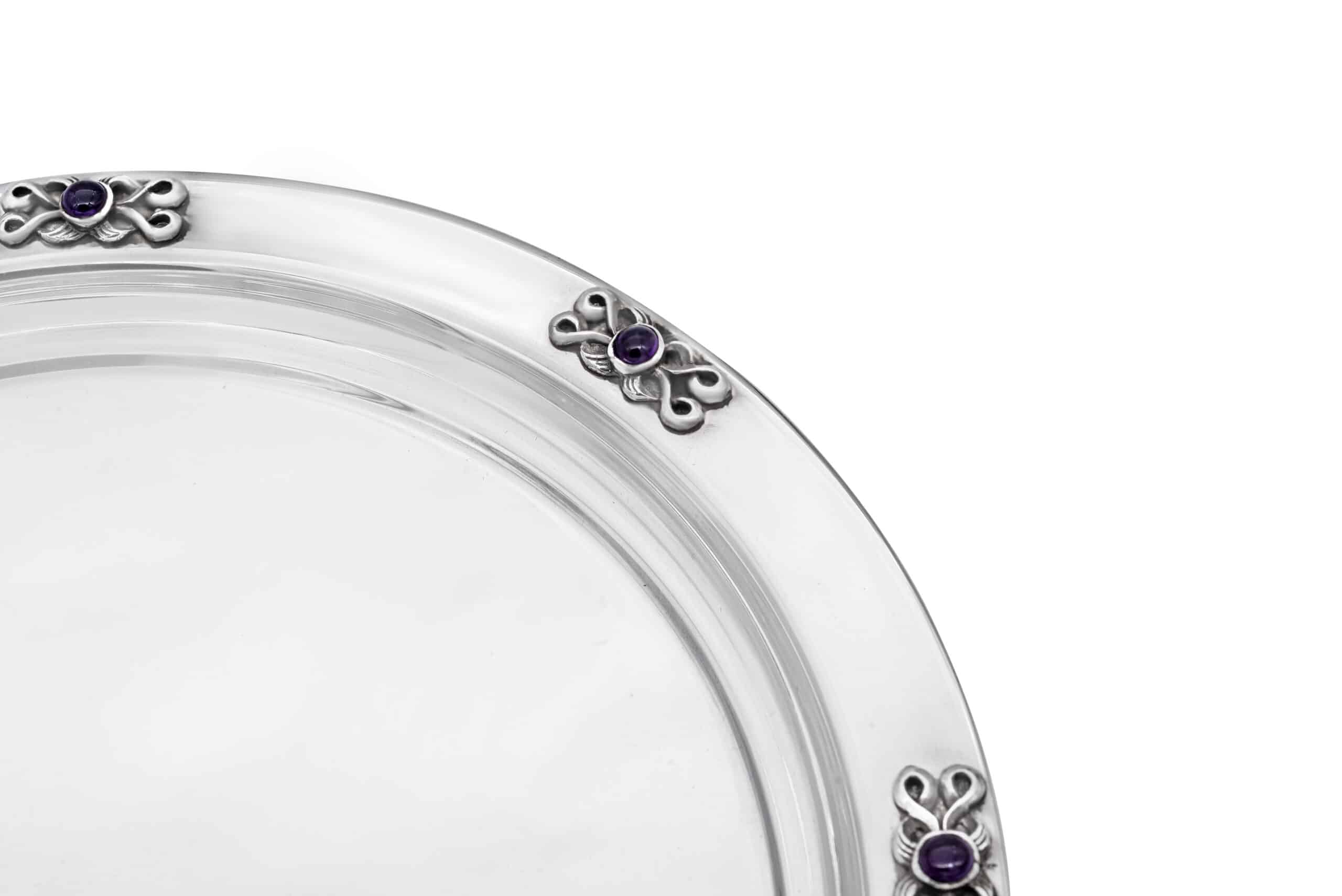 Round Large Silver Plate for Liquors with Amethyst