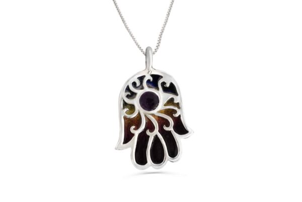 Enameled Silver Hamsa Necklace with Amethyst Stone
