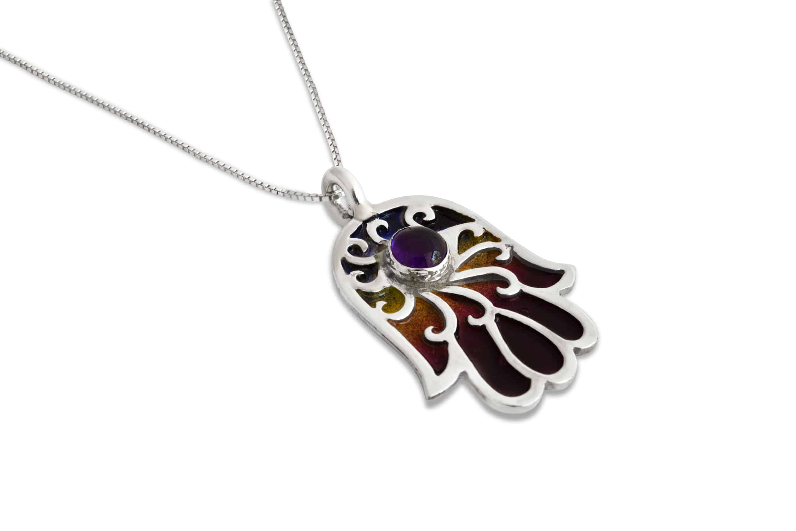 Enameled Silver Hamsa Necklace with Amethyst Stone