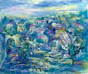 Modern Blue Jerusalem Abstract Painting Jerusalem – Yemin Moshe  The Windmill