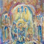 Colorful Old Synagogue Painting Jewish People Praying