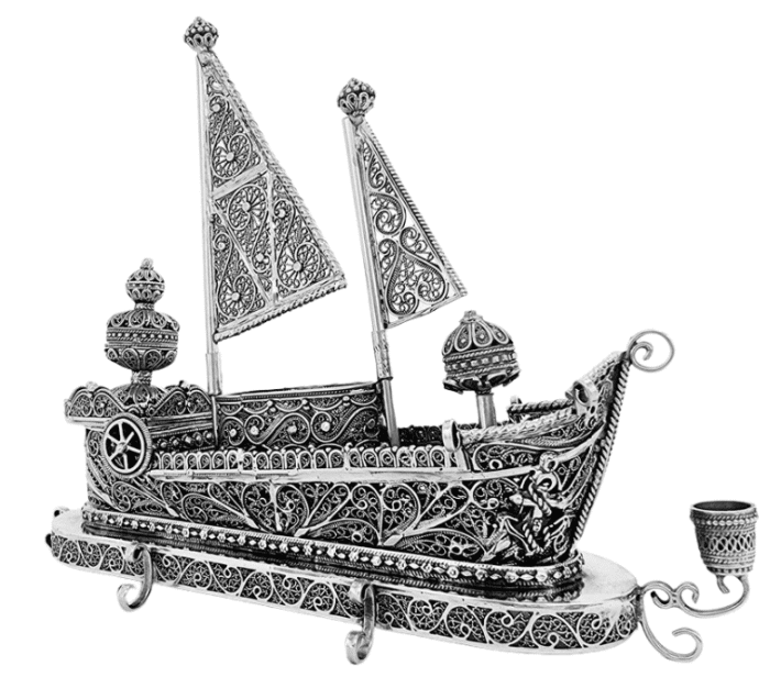 Luxurious Sterling Silver Sailboat Menorah with Dreidel and Havdalah Set