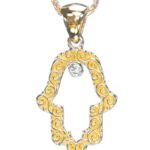 Small Hollow 14K Gold Hamsa Pendant with Solitaire Diamond