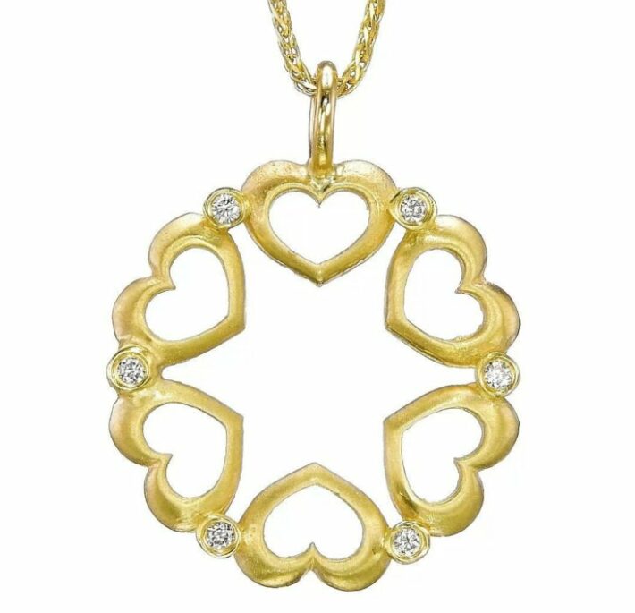 Small 14K Gold Hollow Hearts and Star of David Pendant with Diamonds