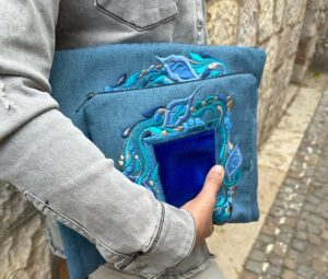 Blue Woven Velvet Fabric Tallit And Tefillin Bag Set For Bar Mitzvah