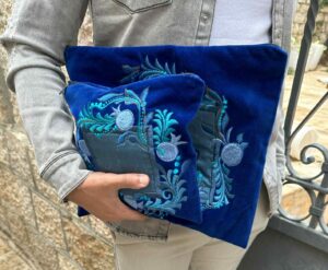Luxurious Design Tallit and Tefillin Bag Set Made From Blue Velvet