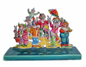 Multicolored Circus Clowns Hanukiah From Ceramic and Metal