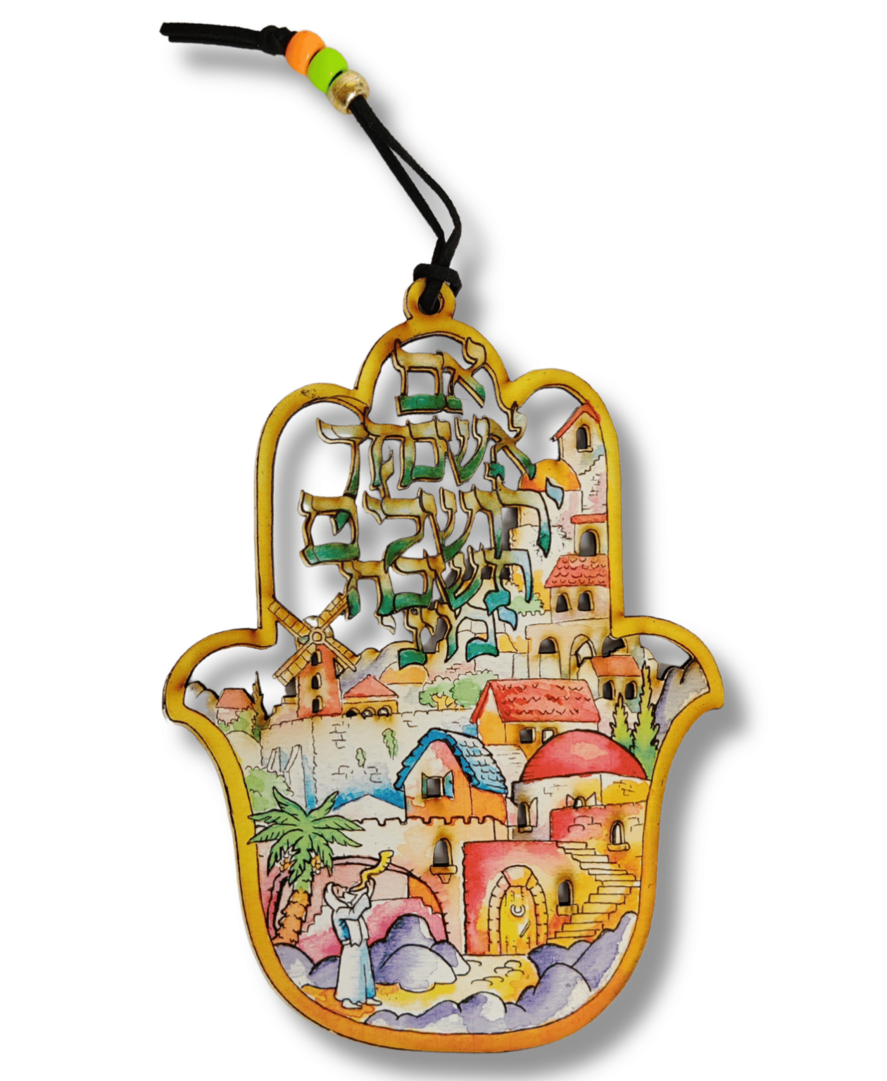 Colorful Wood Wall Hanging Hamsa with Im Eshkachech Yerushalayim (Copy)