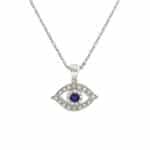 14k White Gold and Diamond Evil Eye Pendant with Sapphire Stone