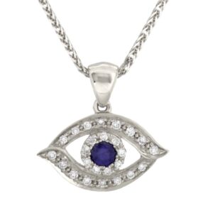 14k White Gold and Diamond Evil Eye Pendant with Sapphire Stone