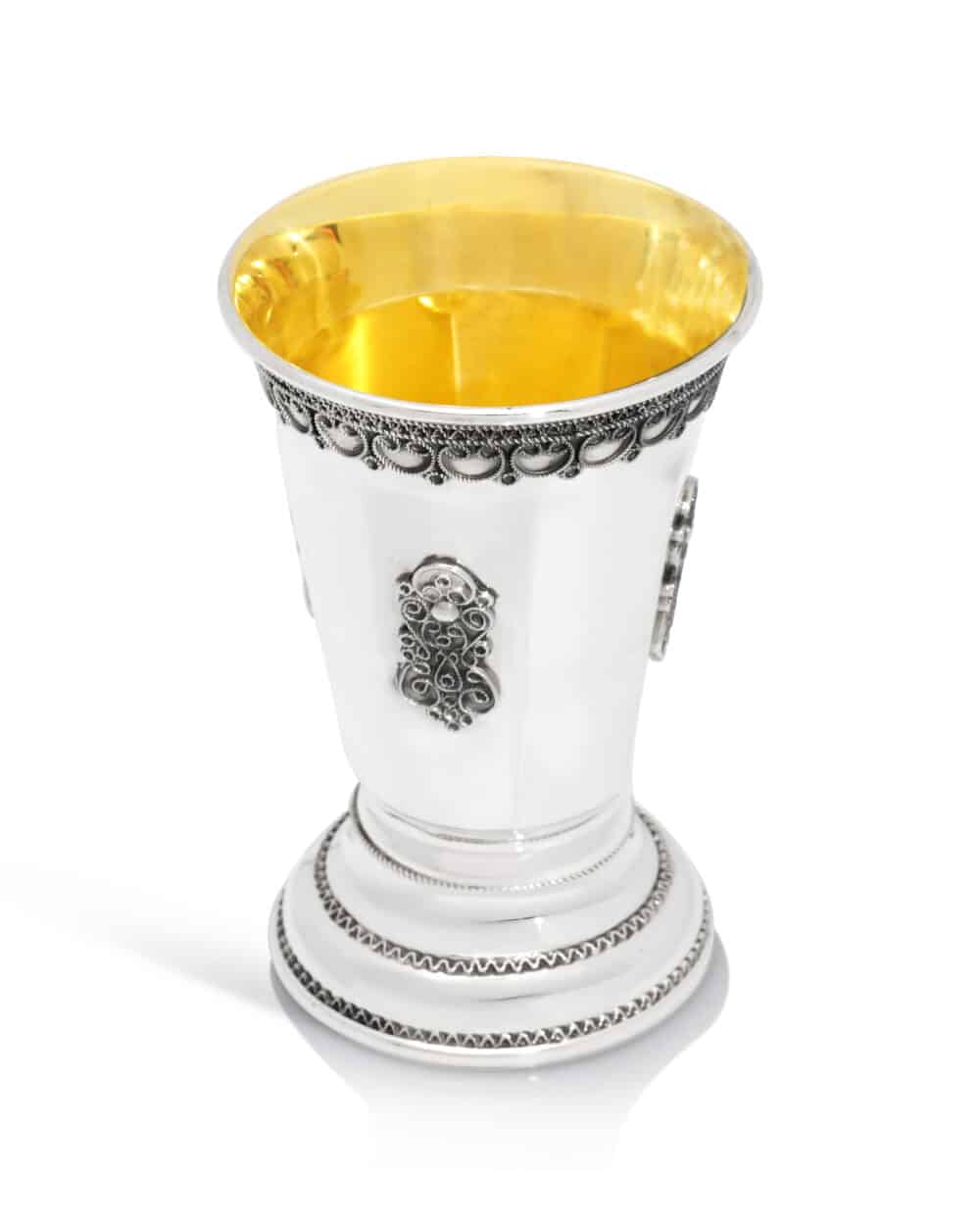 Octagonal Kiddush Cup with Raised Base and Filigree Accents