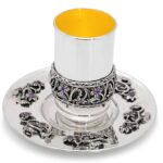 Amethyst Stone Silver Kiddush Plate with Leaves Design