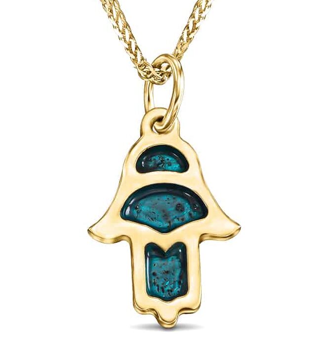 Tiny 14K Gold Hamsa Pendant with Blue Enamel Color