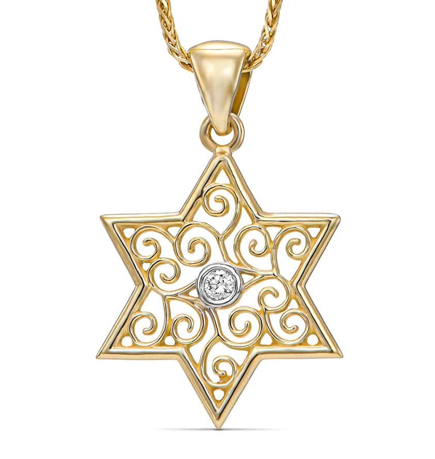 Hollow Swirl 14K Gold Star of David Pendant with Diamond