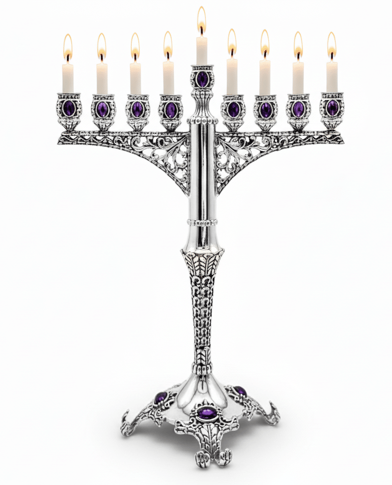 Royal Large Silver Hanukkah Menorah with Amethyst Accents