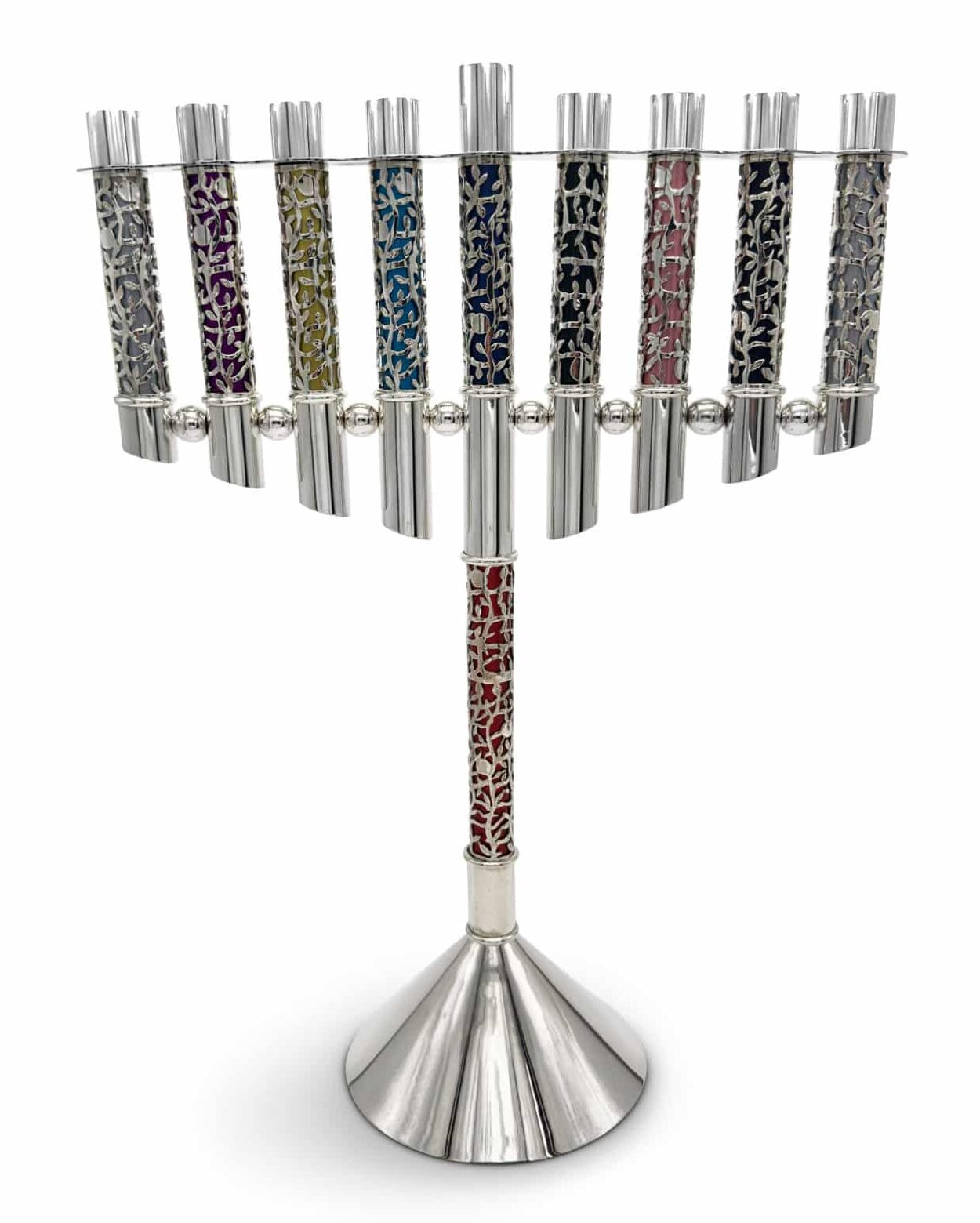 Extra Large Designer Colorful Leaf Sterling Silver Hanukkah Menorah
